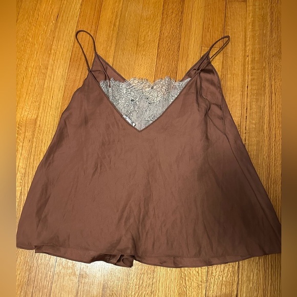 Free People Deep V Bandeau Top satin lace cami tank Copper rust cream bralette - Picture 3 of 12
